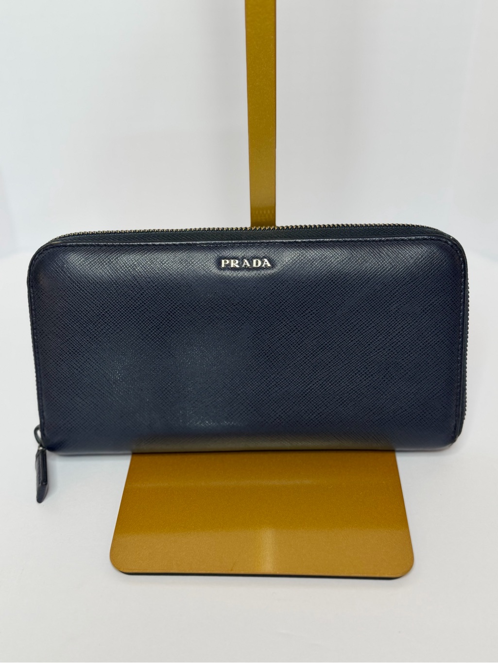 Prada Saffiano Leather Zip Around Wallet Navy Blue Long Continental Wallet